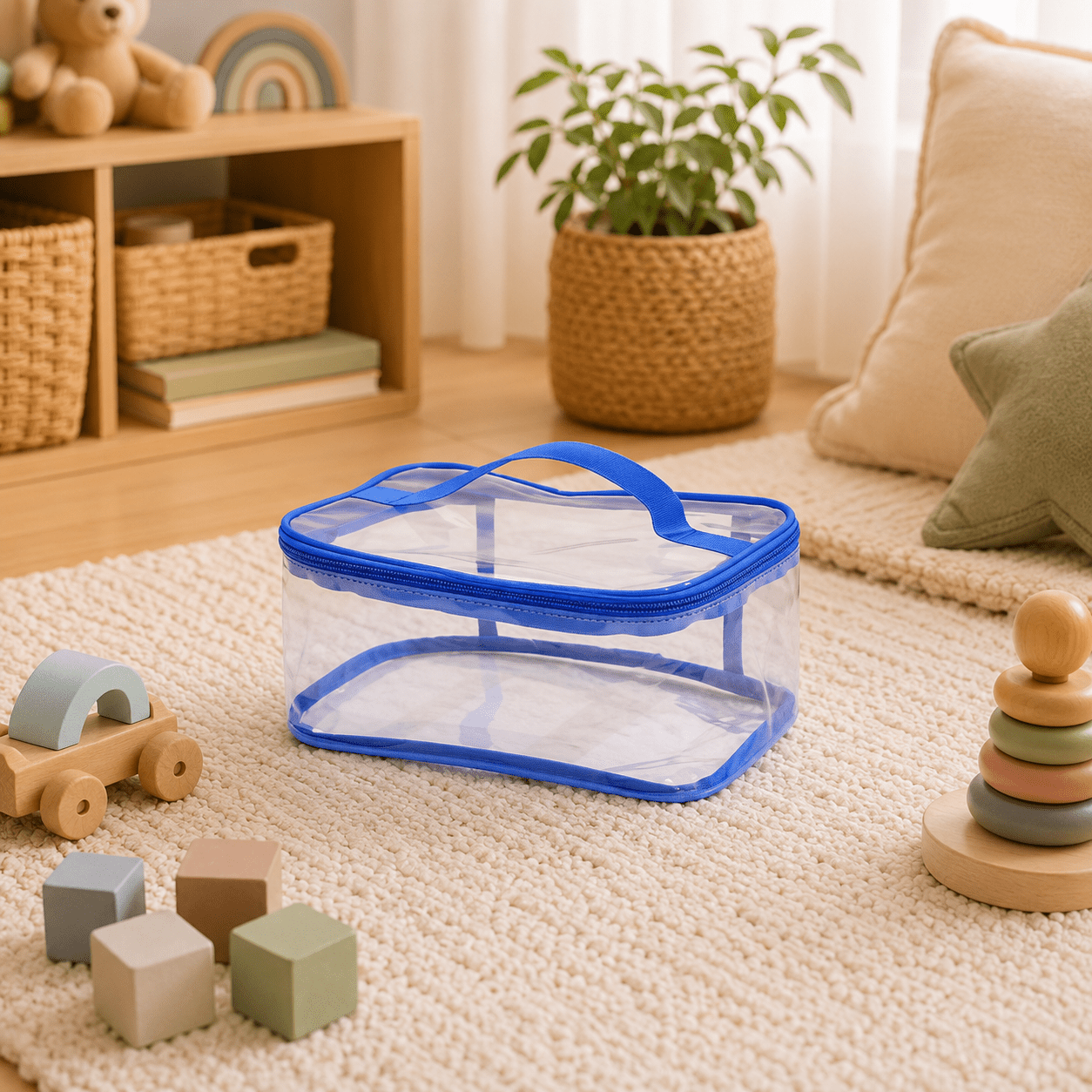 A clear plastic storage bag with a blue zipper and handle, placed on a beige carpet in a styled children's room